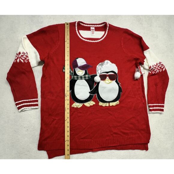 Holiday Time Womens 2X Christmas Sweater Penguin Felt Applique Red White - Picture 4 of 6
